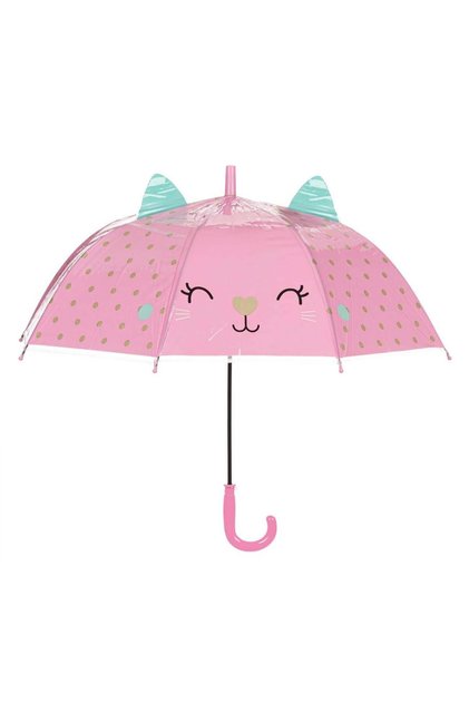 Umbrela de Ploaie Baston Roz cu Buline Aurii Pisica cu Urechi pentru Copii 66cm