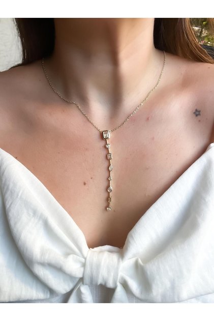 Geometric Stone-Embellished Y Necklace (Lariat/Pendant Model) – Gold Color Plated over Brass