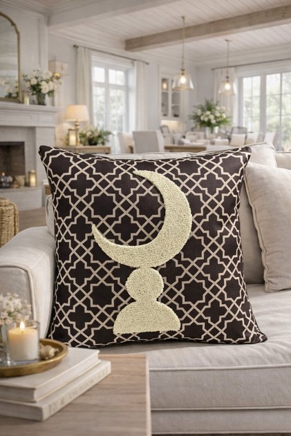 Punch Embroidered Throw Pillow Cover - 43*43 cm - Brown Crescent - Ramadan Kareem - Pnk001