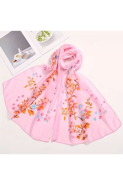 Floral Patterned Pink Chiffon Scarf