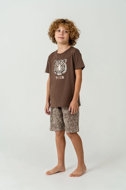 Boy's Crew Neck Printed Summer Regular Fit Brown Bermuda Set Ar3669-C-V1