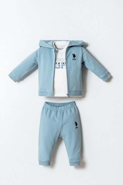Baby Boy Zippered Collar Embroidered Summer Regular Fit Blue 3-Piece Baby Set Usb2920-C-V1
