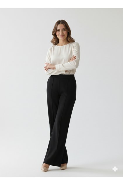 Women's Imported Modal Pocketed Wide-Leg High-Waisted Soft Textured Elastic Waist L Stretch Fabric Trousers