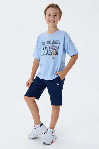 Boy's Crew Neck Embroidered Summer Regular Fit Blue Bermuda Suit Us2444-C-V1