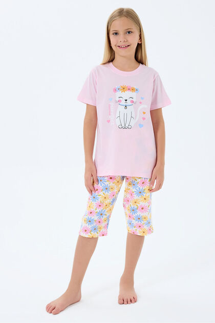 Girl's Crew Neck Printed Summer Regular Fit Pink Capri Set Rp3783-C-V1