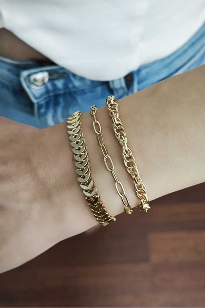 3-Piece Elegant Gold Women's Bracelet Set (Fishbone, Paperclip, Spiral Chain) 15+3 cm