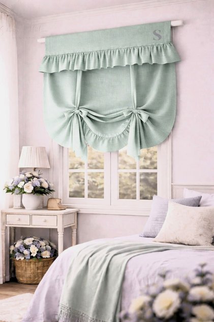 Mint Green Buldan Linen Retro Background Curtain with Binding Details (100% Cotton Buldan Fabric)