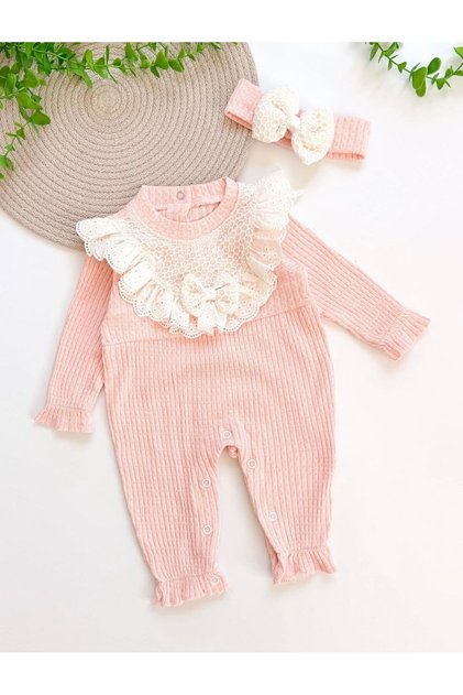 Baby Girl Bow Detailed Seersucker Fabric Bandana Romper Powder Pink