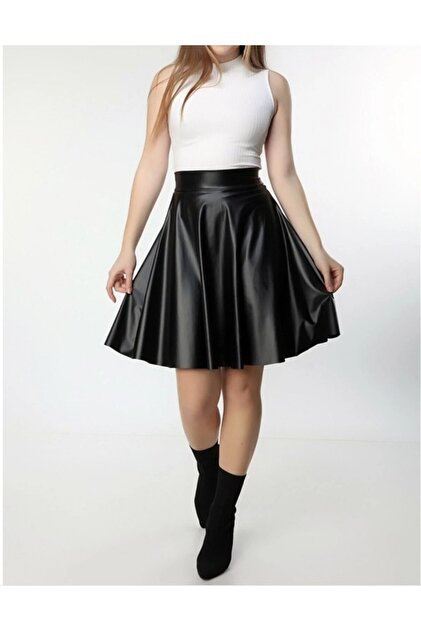 Faux Leather Super Quality Women Draped Loose Stretchy Lycra Flared Skirt Above Knee