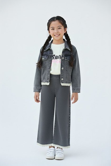 Black Lace Detailed Jean Jacket and Pants Girl's 3-Piece Suit 23498
