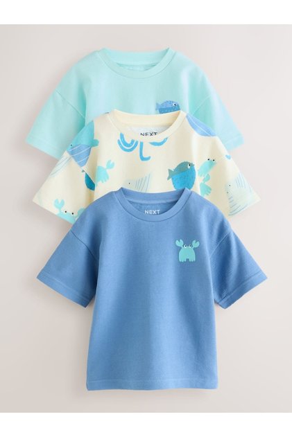 Cotton White/Blue Sea Themed Short Sleeve 3-Piece Thsirt Set