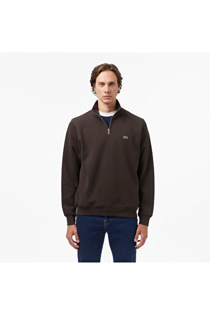 Erkek Classic Fit Yarım Fermuarlı Kahverengi Sweatshirt