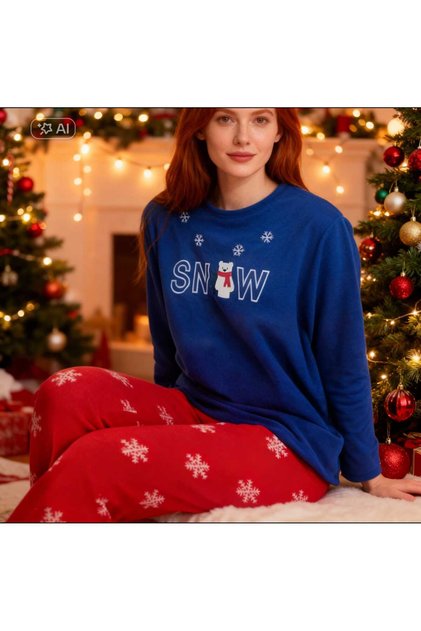 Navy Blue Red Snow Polar Winter Soft Pajama Set Snowflake Printed