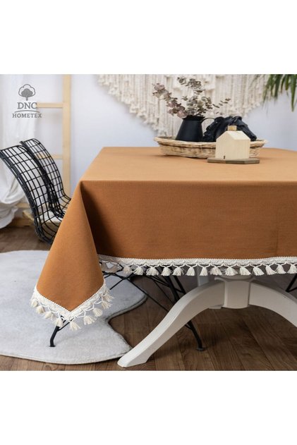 Cinnamon Linen Raw Pompom Tablecloth