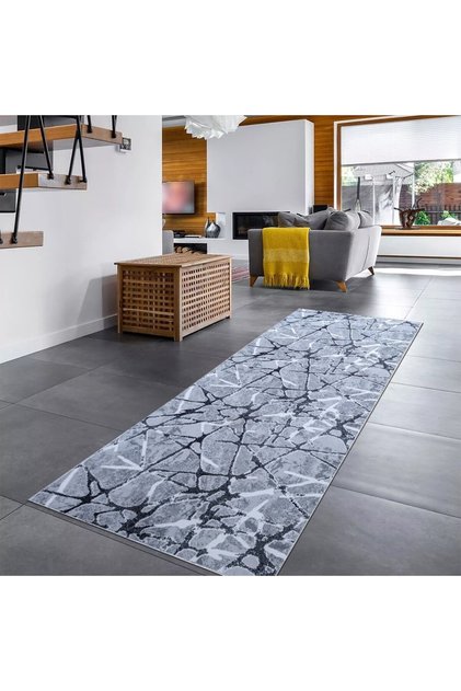 Covor Antiderapant Gri cu Negru, Abstract, Poliester, 80 x 300 cm