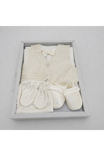 Set elegant de botez pentru bebeluș 0-3 luni – ținută completă cu vestă și papion