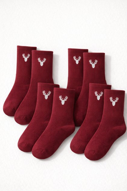 Set of 4 Burgundy Deer Patterned Unisex Women's and Men's Matching Casual Socks
