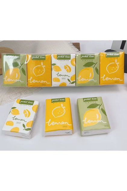 9 Paket Limon Figürlü Desenli Yumuşak Hijyenik Dayanıklı Beyaz Kağıt Mendil Mini Cep Mendili