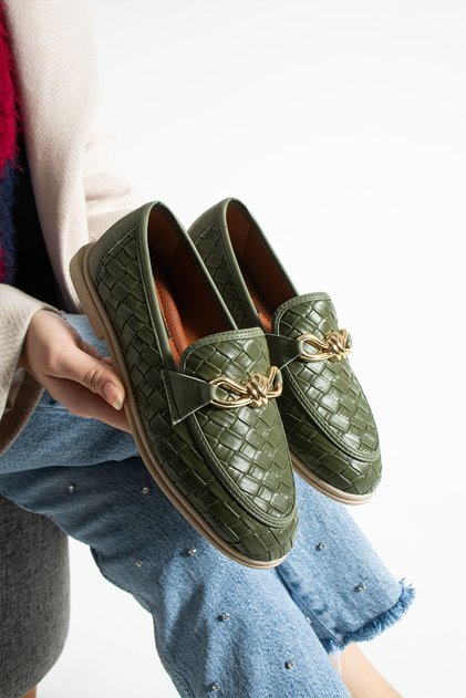 Maby Women's Khaki Knitted Textured Chain Detailed Loafer Flat Shoes Ballet Flats