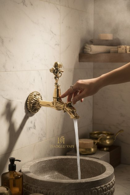 Motifli Kurna Musluğu Vintage Design Angel Motifli Duvurdan Armatür Gold Pirinç Renk
