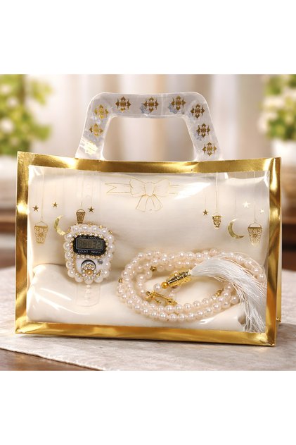 10 Pieces Ramadan Themed Acetate Bag Headscarf Stone Zikirmatik Pearl Prayer Beads Hajj Umrah Mevlüt Gift