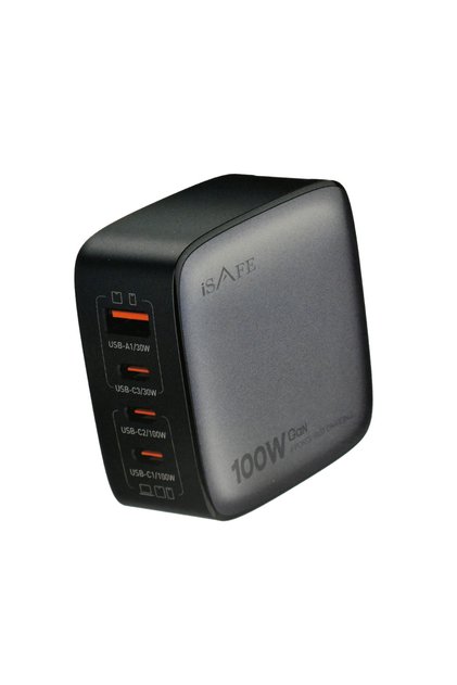 iSAFE 100W GAN HOME CHARGER Q408 WITH REPLACEABLE PLUG AND TYPE-C TO TYPE-C CABLE BLACK