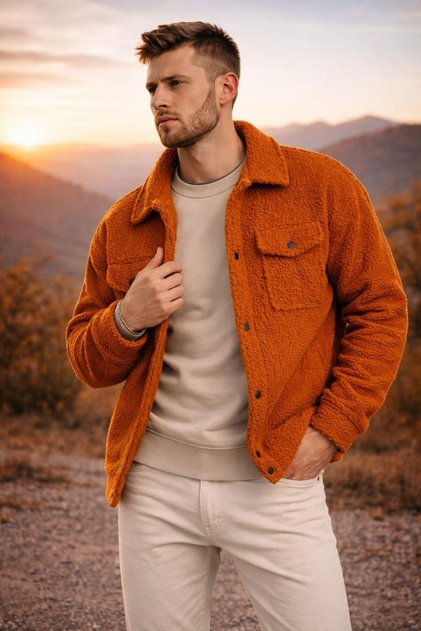 Men's Oversized Plush Sherpa Jacket with Fleece Inside Cinnamon