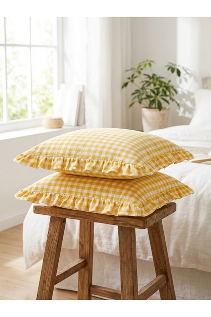 Sarı Pötikare Fırfırlı Yastık Kılıfı 2 ( ADET) 50x70