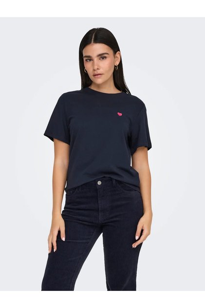 Tricou pentru femei, cu decolteu rotund, cu logo inimă, albastru închis - 15298612