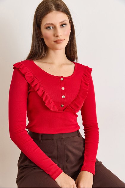 Women's Red Ruffled Placket Ribbed Knit Blouse Blz-19001667