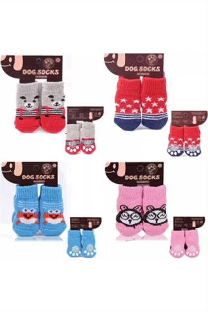 Cat & Dog Anti-Slip Knitted Socks |   4-Piece Booties Socks Set – Cotton, Stretchy, Non-Slip Soles (Random)