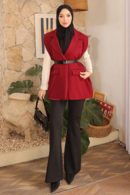 Burgundy Shoulder-Padded Shoulder Pad Piece Belted Lined Vest