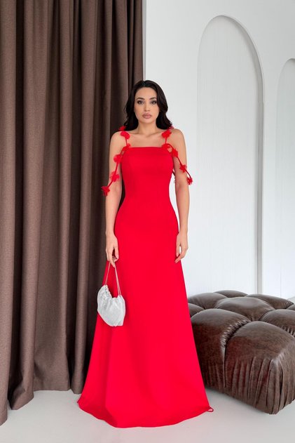 Red Strap Floral Detailed Long Evening Dress