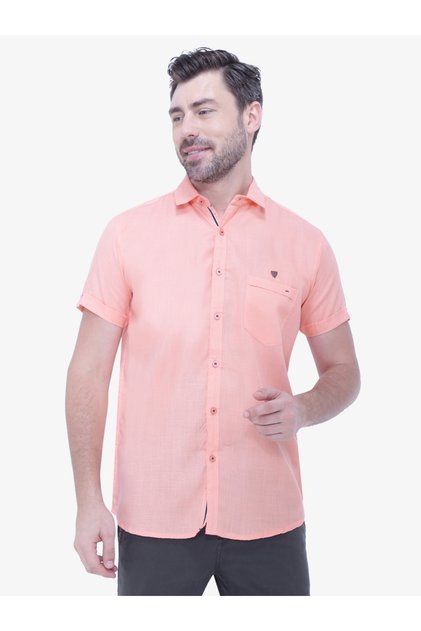 Men Peach Linen Blend Short Sleeve Shirt
