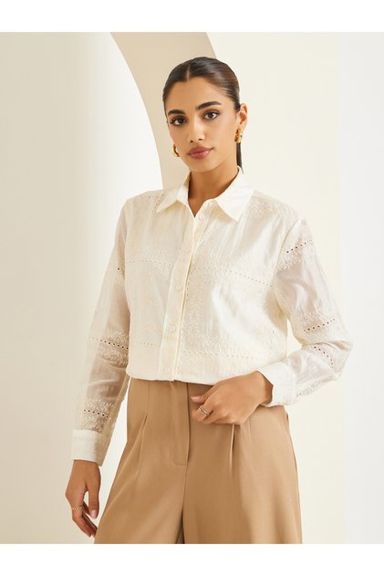 Women Off White Floral Embroidered Shirt