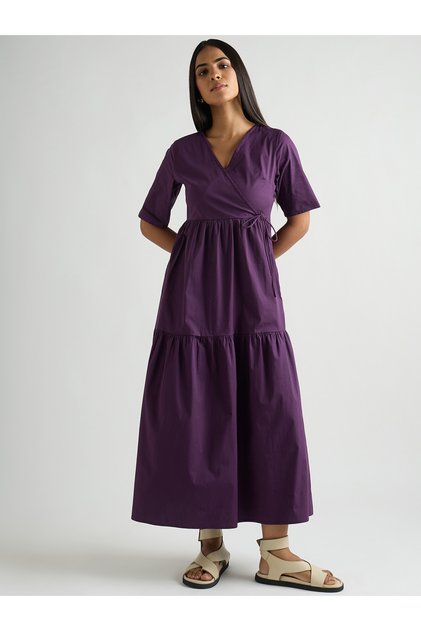 Women Deep Purple Poplin Tiered Maxi Dress