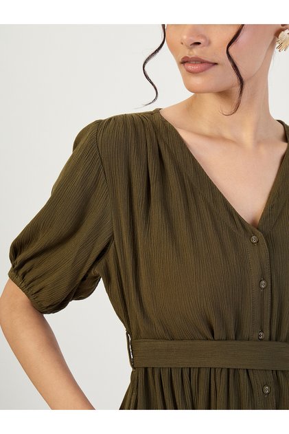 Women Olive Crinkled V-Neck Maxi Dress