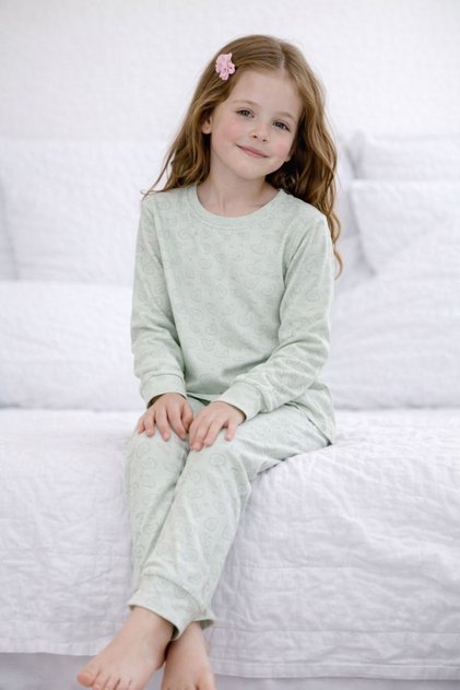 Girls' Pajama Set Avocado Patterned Water Green 100% Cotton Two Yarn Fabric Crew Neck