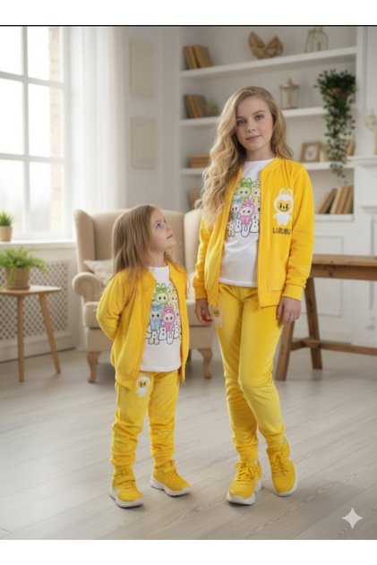 Girl's Top - Bottom Set 3 Piece Velvet Tracksuit Set – Labubu Detailed 💖