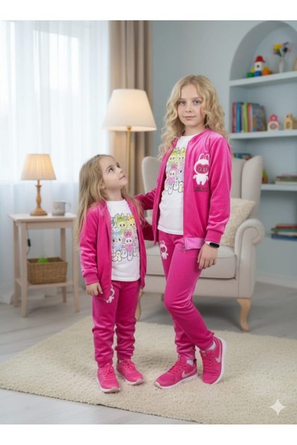 Girl's Top - Bottom Set 3 Piece Velvet Tracksuit Set – Labubu Detailed 💖