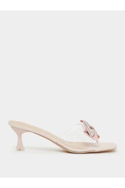 Women Beige Kitten Heel Sandals with Bow Detail