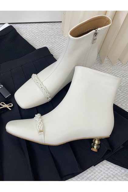 Women White Pearl Detail Ankle Boots