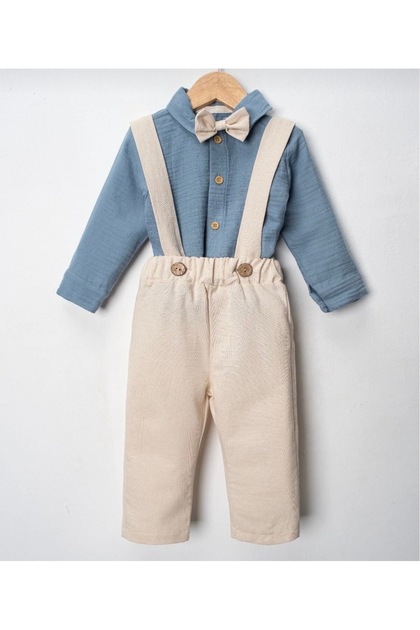 Baby Boy Shirted Muslin Fabric Salopet Set