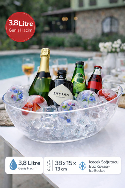 Kristal Şeffaf Oval Buz Kovası 3,8 Litre – Şampanya, Şarap ve İçecek Soğutucu Ice Bucket