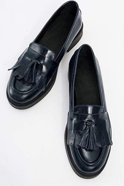 Tasseled Genuine Navy Blue Patent Leather Women's Loafer Shoes Casual Classic Tassel Detailed Shoes