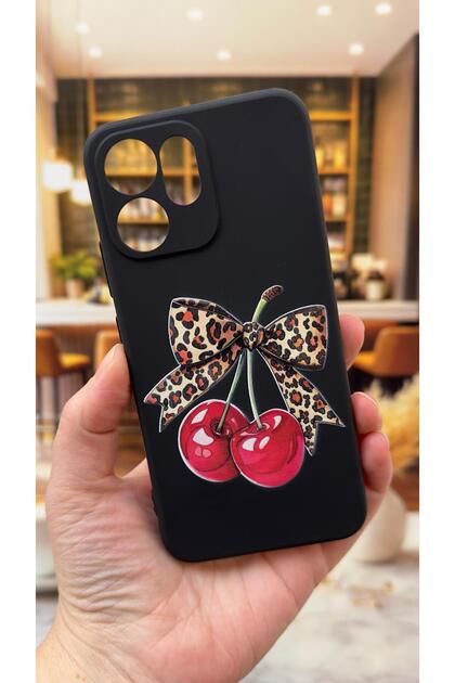Oppo Reno 14F Compatible Cherry Leopard Bow Pattern Silicone Shock-Absorbing Classic Protective Rubber Case