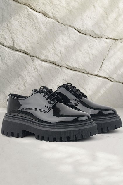 Black Patent Leather Lace-up Oxford Casual Shoes