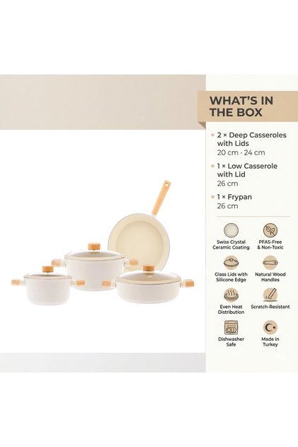 7Piece Swiss Crystal Ceramic Cookware Set: 2 deep,low casserole, frypan,wood handles,glass lids