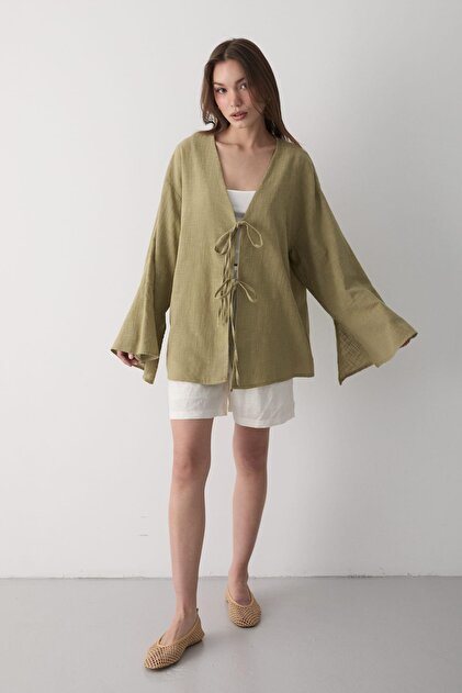 Women's Batwing Sleeve Double Tie Kimono 100% Cotton Khaki
