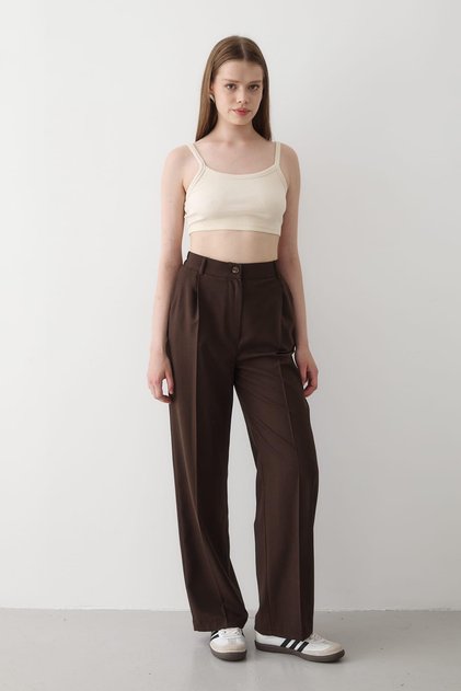 Women's Elastic Waist Wide Leg Palazzo Pants Dark Brown